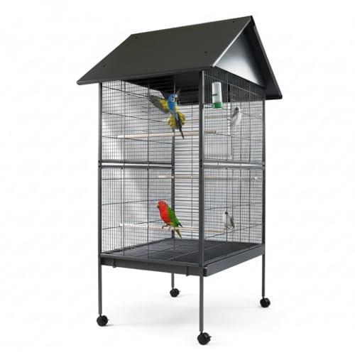 Melko Vogelvoliere Vogelkäfig groß 80x76x165 cm Metall mit Rollen Schwarz | Gitterabstand 1 cm, inkl. Näpfe, Holzsitzstangen und Leiter, Auffangschürze für saubere Böden, für Sittiche und Papageien