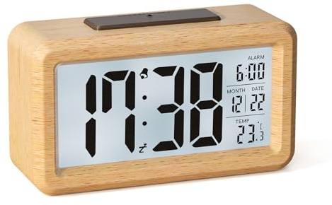 HERMIC Wecker Digital aus Holz mit Großem LCD-Display, Datum, Temperatur, Automatischem Lichtsensor, Snooze-Funktion, Batteriebetrieben (3 AAA-Batterien im Lieferumfang Enthalten)