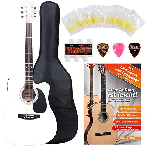 Classic Cantabile WS-10WH-CE Westerngitarre mit Tonabnehmer Starter-Set (Dreadnought-Style, Cutaway, 6 Saiten, 20 Bünde, inkl. Zubehörset, Gitarrentasche, Notenheft, Saiten, Plektren) weiß