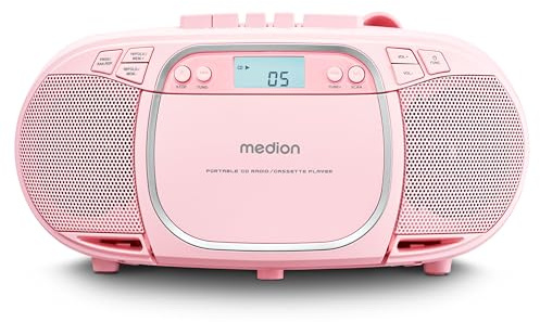 MEDION E66476 Stereo Sound System (Boombox, CD-Player, MP3, Kassette, tragbarer Kassettenspieler für Kinder, UKW Radio, AUX, Kopfhörer, Netz & Batterie) Pink