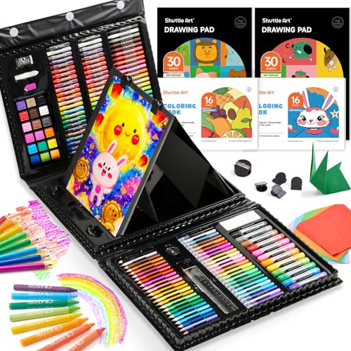 Shuttle Art Malkoffer Kinder, 335 teiliges schwarzes Malset für Kinder und Anfänger, Malkasten zum Malen und Zeichnen, Malset mit Wasserfarben, Wachmalstifte, Buntstifte, Malstifte, Künstlerkoffer