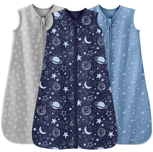 Unnivoll 3er Pack Schlafsack Baby Sommer 0.5 Tog 100% Baumwolle Sommerschlafsack Babyschlafsack 6-12 monate 78 cm für Jungen Mädchen Neugeborene Grauer Blauer Planet