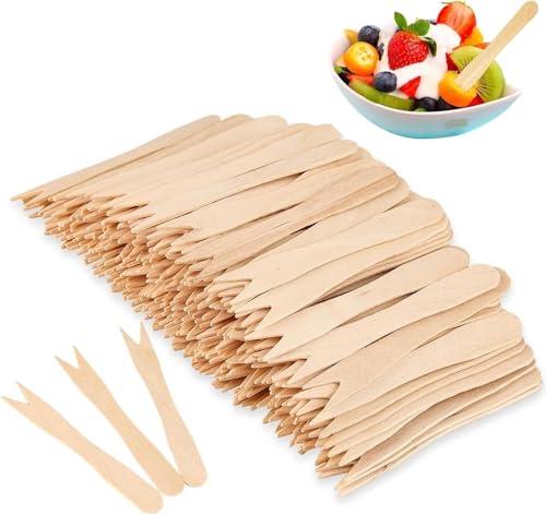 100 Stück Pommesgabel,85mm Pommesgabeln, Holz Holzgabeln,Kleine Holz Partybesteck Pommes Gabeln Einweg, Pommes Piekser für Party Geburtstag Camping Und Picknick