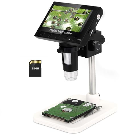 WADEO 4,3-Zoll-LCD-Digitalmikroskop 1000x inkl. 32GB Karte, Tragbares Mikroskop USB-Digitalmikroskop mit 8 einstellbaren LEDs und Metallständer, MacOS Windows kompatibel