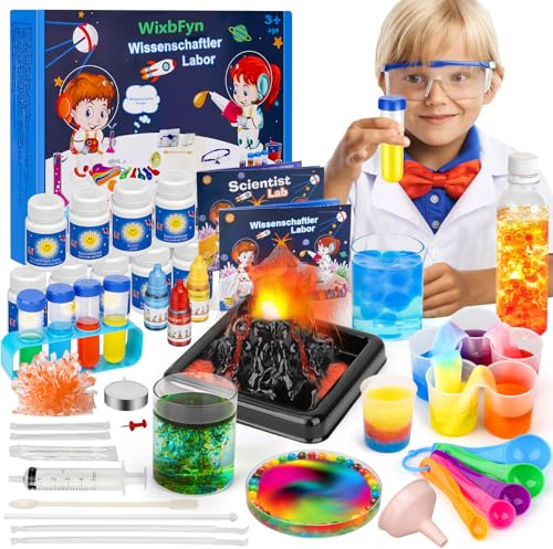 WixbFyn 56 Experimentierset für Kinder - Schul-Labor-Experimentierkästen, Bildungsspielzeug für Jungen und Mädchen im Alter von 3 bis 14 Jahren, Kristalle züchten, Regenbogenregen erzeugen, MYJ668-H