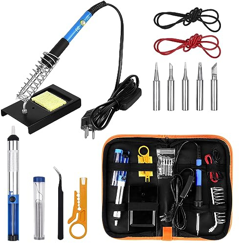 Sondiko Lötkolben Set, 60W/220V Lötkolben mit Einstellbarer Temperatur, Ein/Aus Schalter, 5 Wechselspitzen zum Löten, Holzgravur, Heißschneiden, Brandmalerei, Lötset für Elektrische Arbeiten