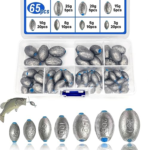 XSHAO® 65 Stück Blei Angeln, Angelblei Grundblei 3g/ 5g/ 8g/ 10g/ 15g/ 20g/ 25g mit Aufbewahrungsbox für Seefischerei, Tiefsee- Und SüßWasserfisch