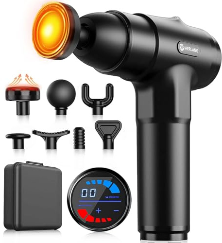 Massagepistole mit Wärmefunktion,AERLANG Muskel Massage Gun,Massagegerät mit LED Anzeige,Handmassagegeräte geschenke für männer,Massage Pistole mit 20verstellbaren Stufen&7Massageköpfen