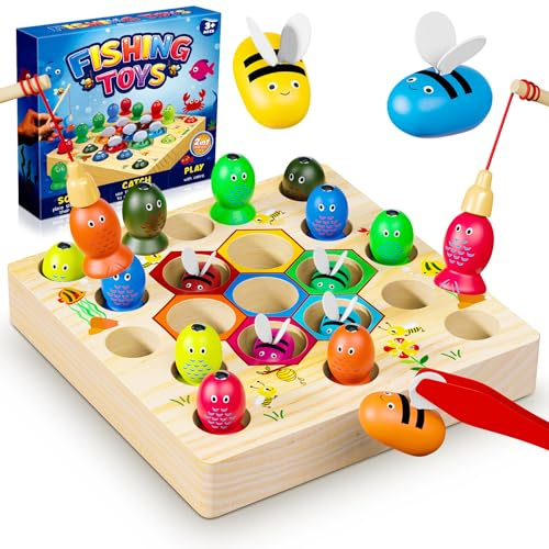 COOLJOYA Magnetische Angelspiel ab 2 Jahre, Montessori Spielzeug ab 2 Jahre, Baby Holzspielzeug, Motorikspielzeug Fische Angeln Spiel 2 3 Jahre Mädchen Junge Kinder, Ostern Geschenke Kinder