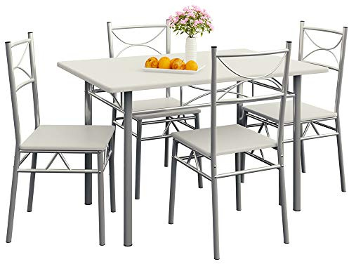 CASARIA® Esstisch mit 4 Stühlen Weiß | 5-TLG Set, 110x70cm, Holz, Metall, Industrial, Essgruppe, Sitzgruppe, Modern, Esszimmer, Küche, Möbel, Tisch, Stühle, Indoor
