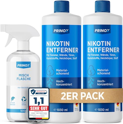 PRINOX 2x 1030ml Nikotinentferner Konzentrat inkl. Mischflasche | Ruß & Nikotin Reiniger für Fensterrahmen, Wände, Türen, Heizkörper, Kunststoff, Fliesen | Starker Fettlöser für Haushalt und Gastro