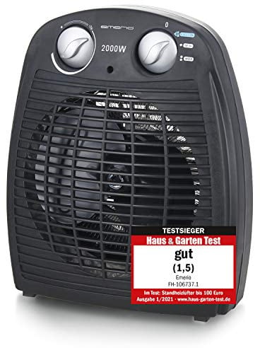 Emerio FH-106737.2, Note 1.5, kleiner kompakter portabler Heizlüfter für 25 m², 2 Heizleistungen + Ventilatorfunktion, verstellbarer Thermostat, Sicherheitsschalter, Handgriff, 2000 Watt, Anthrazit