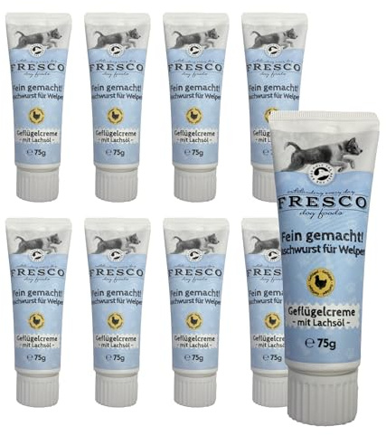 FRESCO Dog Fein Gemacht! Geflügel Leberwurst Hunde Tube | Für Welpen & mit Lachsöl | Gesundes Hundetraining | Premium Hundeleckerli getreidefrei | 9 x 75g | Aus Deutschland