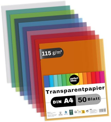 perfect ideaz - 50 Blatt Transparentpapier DIN A4, 10 Farben sortiert, 115 g/m², lichtdurchlässig & hochstabil, säurefrei, FSC® zertifiziert, Bastelpapier für Laternen, Karten & Deko