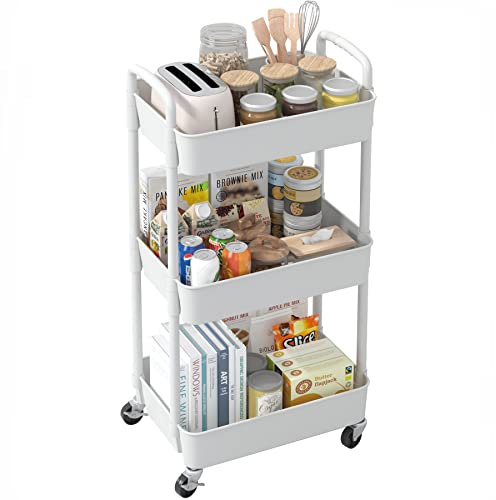 Sywhitta 3-stöckiger Küchenwagen, Allzweckwagen Rollende Lagerwagen mit Griff, Multifunktional Servierwagen Roll Regal für Büro, Wohnzimmer, Küche, Weiß