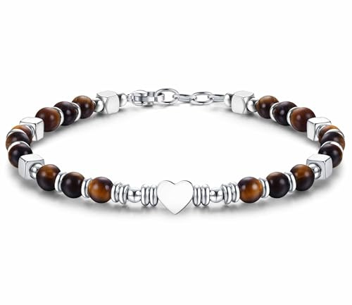CASSIECA Boho Armband Damen Natürliches Steine Armbänder für Frauen 316L Edelstahl Herz Armband Einstellbare Tigerauge Armband Weihnachten Geburtstag Geschenke Frauen Schmuck mit Geschenk-Box