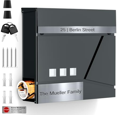Arverta Briefkasten Anthrazit Edelstahl Mit Zeitungsfach(37 X 37 X 10cm), Personalisiert Mit Namensschild, Wetterfest, Aufkleber Gegen Unerwünschte Werbung, Wandbriefkasten Postkasten Briefkästen