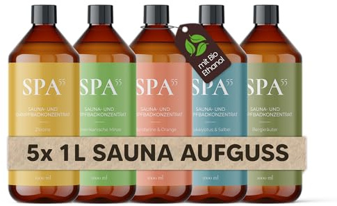 SPA55 Saunaaufguss 5x1000ml Set – Sauna Zubehör & Sauna Aufgussmittel für intensiven Saunaduft – mit Bio-Ethanol, ohne Emulgatoren, recycelte Flasche | Made in Germany seit 1955