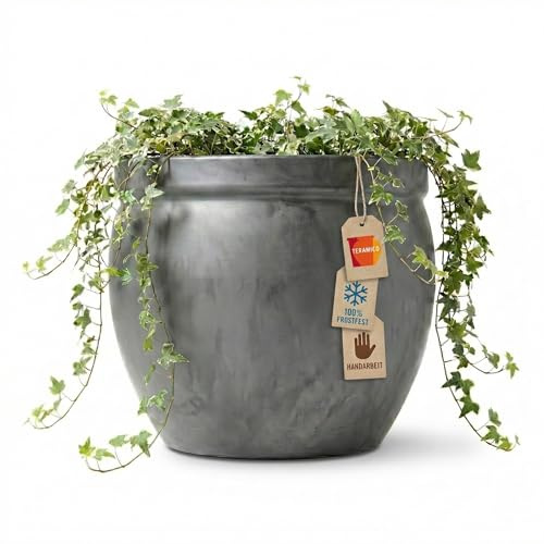 Pflanzgefäß Steinzeug 100% Frostfest | Keramik Blumentopf Außen & Innen (Verschiedene Größen) | Massiver Pflanzkübel mit Drainage-Loch | Premium, stilvoll (Anthrazit, 29cm x 23cm)
