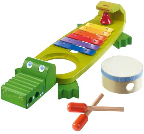 HABA Klang-Kroko: Metallophon & Kindertrommel für Kleinkinder | Pädagogisches Holzspielzeug ab 2 Jahren. Fördert Rhythmusgefühl & Motorik mit Xylophon, Rassel & Trommel. Ideal als Geschenk.