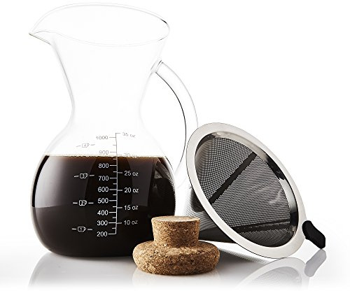 Apace Living SultryBrew Pour Over Kaffeebereiter 1L inkl. Kaffeeschaufel und Korkdeckel Eleganter Handfilter für Filterkaffee mit Glaskaraffe & Permanentfilter aus Edelstahl (1000 ML)