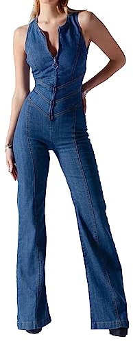xxxiticat Damen Sexy Ärmellos Nachtclub Denim Overall Strampler Hose Einteiliger dehnbarer Strampler mit Tasche