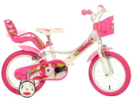 Dino Bikes Einhorn Kinderfahrrad Unicorn Mädchenfahrrad – 16 Zoll | Original | Kinderrad mit Stützrädern, Puppensitz und Fahrradkorb - Das Einhorn Fahrrad als Geschenk für Mädchen