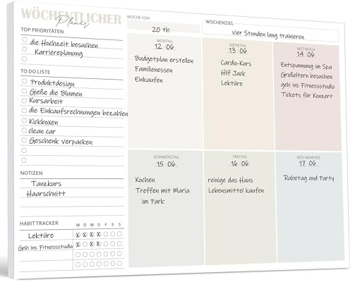 BIROYAL Wochenplaner Block A4 ohne festes Datum (50 Seiten), Schreibtischunterlage mit ToDo Liste, Wochenkalender Wochen Planer mit Wochenübersicht&Habit-Tracker für Termine, Aufgaben& Notizen