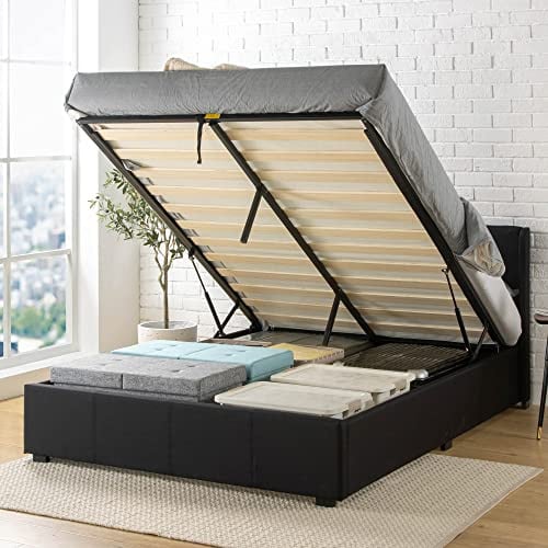 Zinus Maddon Polsterbett 140x200 cm mit Stauraum - 31 cm Hohes Bett mit Lattenrost aus Holz & Kopfteil - Hydraulischer Hebemechanismus & Stauraum - Schwarz