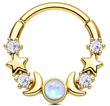CM Crareesi Mania Mond Stern Septum Daith Piercing Gold Silber | 316L Edelstahl 16G Daith Helix Piercing Ohrringe Septum Ring Clicker mit Opal