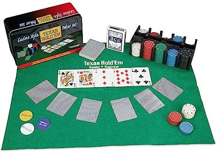 Relaxdays Pokerset, 200 Chips, Spielmatte, 2 Kartendecks, Dealerbutton, Blindbuttons, Casino-Feeling, Profi Pokerspiel, 9 x 24 x 15 cm