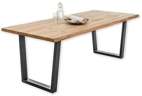 BENNY Esstisch Baumkante Massivholz Eiche 220 x 75 x 100 cm (B/H/T) | Esszimmertisch aus massiver Eiche mit schwarzem Metallgestell, 40 mm dicke Tischplatte, Esszimmer, Tisch Massivholz