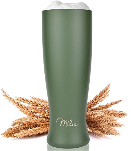Milu Weizenbierglas Edelstahl isoliert | Bierglas mit Deckel | Thermobecher | Bierkrug Geschenk für Männer, Papa | hält 7 Stunden kalt (500ml, Olivgrün)