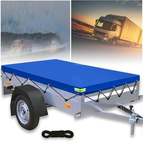alouweekuky Anhänger Plane 214 X 122 X 13cm, 600D PVC Material Anhängerplane, Abdeckplane Anhänger mit Planenseil Reflexstreifen ösen für 750kg PKW Hänger Autoanhänger (Blau, 214 X 122 X 13cm)