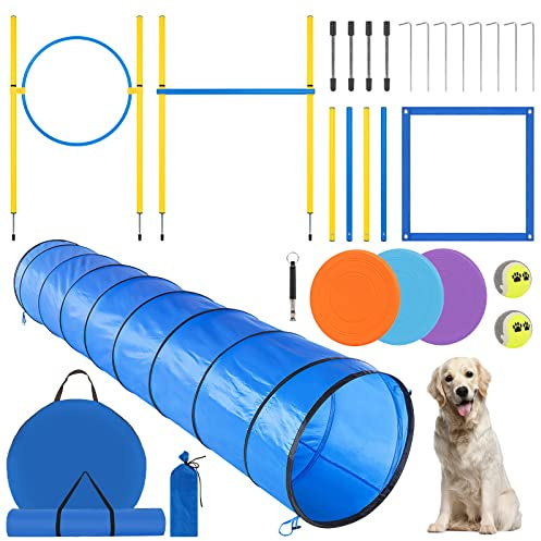 YGORTECH Agility Set Hunde Groß, Hunde Parcour Reaktionstraining für Hundetraining Zubehör mit 300CM Hundetunnel, Agility Hürden, Slalomstangen,Springring Hunde Agility Set
