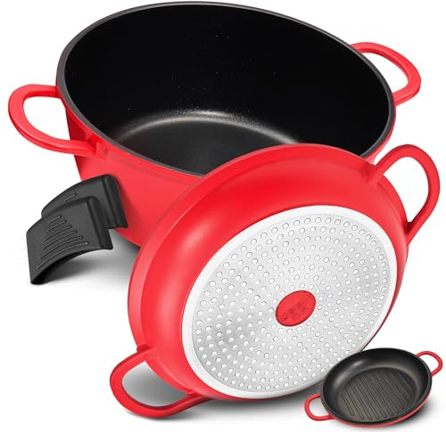 TLESS® 2in1 Aluguss Bräter mit Deckel backofengeeignet | Schmorpfanne & Schmortopf oder als Bratentopf für Induktion | sehr leicht & widerstandsfähig | Ø 28 cm 6 Liter rot
