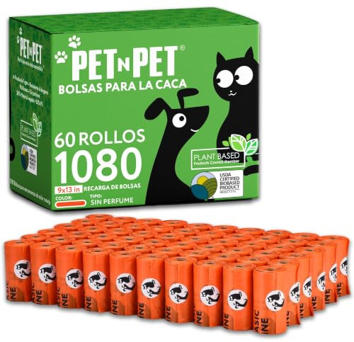PET N PET Hundekotbeutel, 1080 Stück, 60 Rollen Kotbeutel, Orange | Extra dick & reißfest, 41% pflanzenbasiert, Geruchlos, Auslaufsicher, kotbeutel für hunde & Katzenstreubeutel