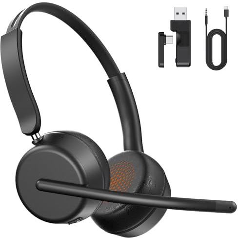 syndesmos Wireless Headset mit Mikrofon, Headset Bluetooth Mehrpunktverbindung, Verstellbarer Headset Kabellos, PC-Headset, Office Headsets für Business, Callcenter, Zoom, Teams (Schwarz)