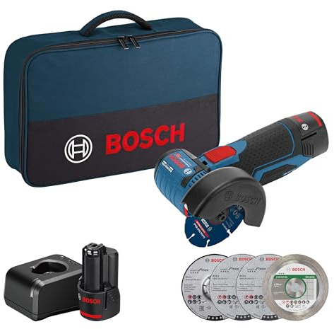 Bosch Professional 12V System Akku Winkelschleifer GWS 12V-76 (inkl. 2x 2.0Ah Akku, 5tlg. Trenn- und Schleifscheiben-Set, Tasche)