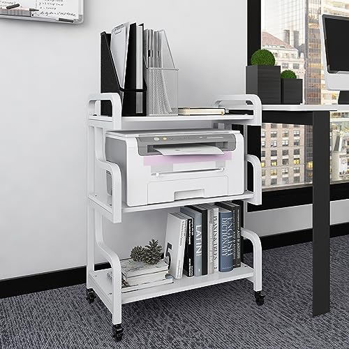 PUNCIA 3-stöckiger Druckerständer mobiler Druckertisch Druckerwagen Weiß | Druckerregal mit Universalrollen aus Holz & Metal Aufbewahrungsregal für Drucker Büro Arbeitszimmer Zuhause Office