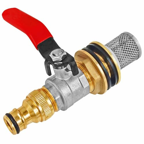 MegaHaustechnik Regentonnendurchführung Messing für 34mm LochØ AG 1, Wandung max. 15mm, Dichtband, mit Kugelhahn mit Stecker für Gardena Buchse, Edelstahl Filterkorb, Fass Verschraubung Tank
