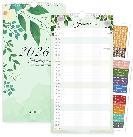 SUNEE Familienkalender 2026 5 Spalten, 12 Monate Kalender Familienplaner 2026 mit Sticker, 22,8 x 43 cm, Monatsansicht Wandkalender mit Feiertagen, Ideal für Familienorganisation