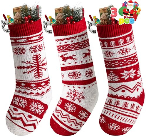 JOYIN 3er Pack Gestrickte Weihnachtsstrümpfe 45,7 cm, Nikolausstiefel aus Garn für Weihnachtsbaum & Deko