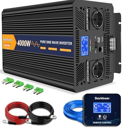 4000W Wechselrichter 12V 230V Reiner Sinus Spannungswandler KFZ Konverter | Wechselrichter Reiner Sinus mit LCD,Fernbedienung,2 EU AC Steckdosen,1 USB-C,1 USB Anschlüsse für Wohnmobil, LKW,Boot,Camping