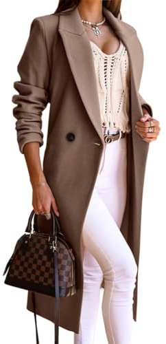 IDEALSANXUN Langer Wollmantel für Damen, Herbst, Winter, Trenchcoat, Pfau, zweireihig, Blazer, Jacken, Übermantel, Dunkles Khaki, X-Large