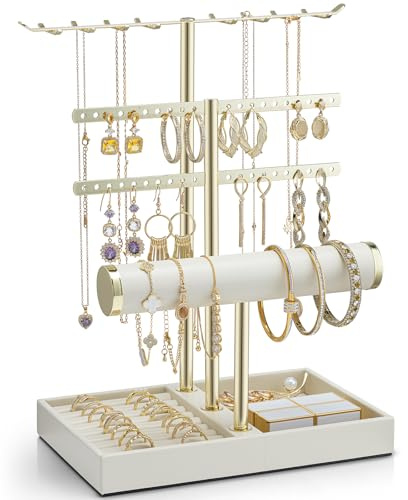 VLANDO Schmuck Organizer 4 Etagen Schmuckständer Gold mit Kunstleder Armbandhalter - Schmuckaufbewahrung Display für Halsketten, Uhren, Ringe, Ohrringe, Armbänder, Armreifen, Sonnenbrillen