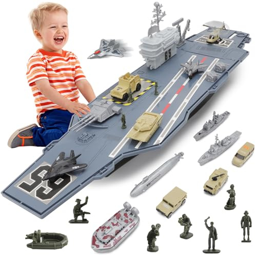 deAO Modellschiff-Flugzeugträger Spielset, Militär Schlachtschiff Modell | Schlachtschiff Spielzeug Set mit Kleinen Modellflugzeugen, LKW, Panzer, U-Boot und Actionfiguren Inklusive, Geschenke Kinder