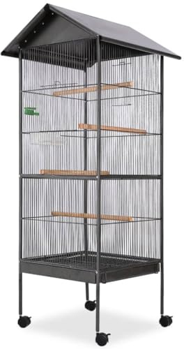 vidaXL Vogelkäfig mit Dach Vogelhaus Papageienkäfig Stahl Schwarz 66x66x155 cm