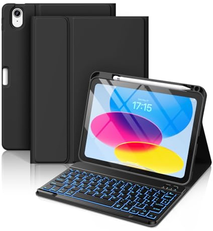 Vobafe Hülle mit Tastatur für iPad A16 11/10 Generation (2025/2022, 11/10.9 Zoll)- 7 Farben Beleuchtete Magnetische Abnehmbare Keyboard Schutzhülle mit Stifthalter für iPad 11. /10. Gen, Schwarz