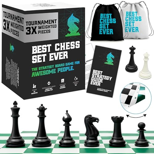 Best Chess Set Ever Profi-Turnierset mit 3-Fach gewichteten Stauntonfiguren | Doppelseitiges Silikon-Schachbrett 50x50cm, Staunton-Figuren, 32-seitige Anleitung und Reisetasche. Für Profis und Anfänger.
